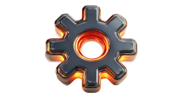 3D gear icon, glowing orange