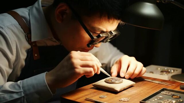A master watchmaker with magnifying glasses works with intense focus performing a delicate and precise repair under a bright desk lamp.