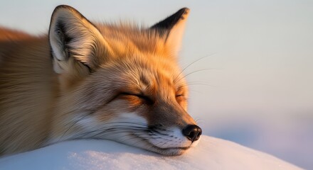 Close-up of a red fox resting with its eyes closed, bathed in warm sunlight.