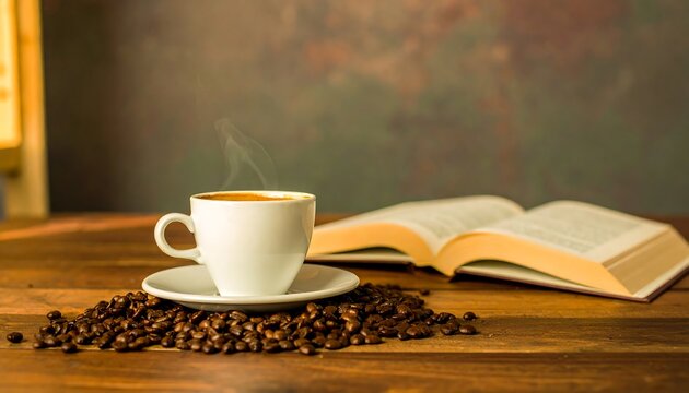 A steaming cup of coffee sits on a wooden table amongst coffee beans, beside an open book, creating a tranquil and inviting atmosphere.