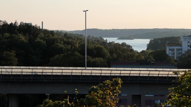 Stockholm, Sweden Traffic at sunset on the E4 elevated highway known as Essingeleden. 