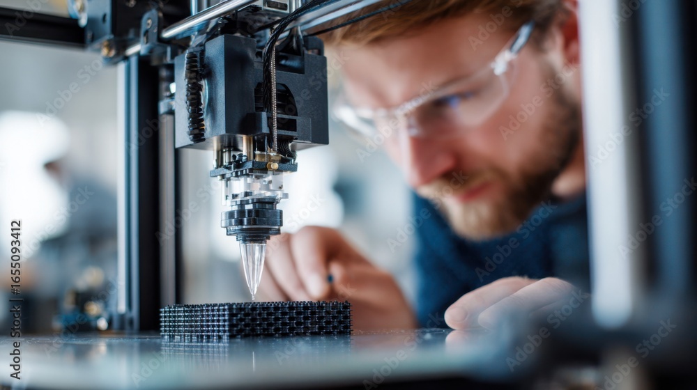 Aufkleber medium shot capturing a focused engineer inspecting the innovative 3d printer nozzle creating sustai