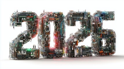 3d vizualization of "2026" letters made from ai techno circuit boards