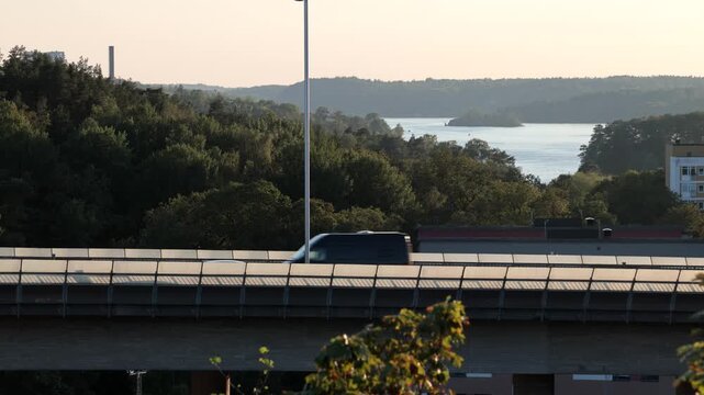 Stockholm, Sweden Traffic at sunset on the E4 elevated highway known as Essingeleden. 