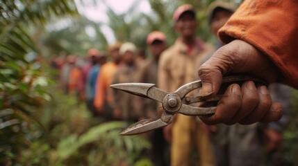Medium shot capturing a hand holding pruning shears in sharp focus while the group of ethical palm oil farmers learning proper cutting methods fades gently behind.