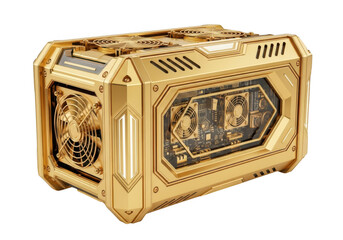 Golden computer case with intricate details isolated on transparent background