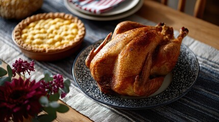 festive family dinner, an idyllic depiction of a heartwarming veterans day family dinner with a festive roasted turkey pie and patriotic decorations
