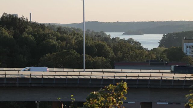 Stockholm, Sweden Traffic at sunset on the E4 elevated highway known as Essingeleden. 