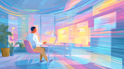 Futuristic Workspace with Fast Data Flow and Technology
