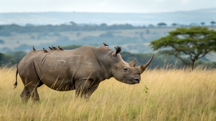 Fototapeta premium frame-a-rhino-with-oxpeckers-cleaning-its-skin-