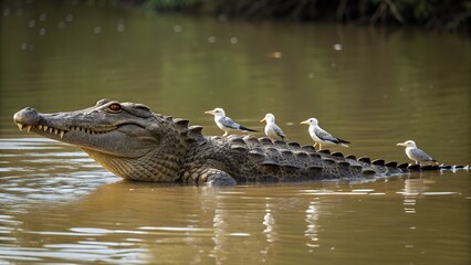 Obraz premium shoot-a-crocodile-with-birds-perched-on-its-back-