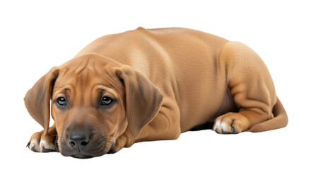 Obraz premium Adorable Rhodesian Ridgeback puppy lying down looking sad and tired isolated on transparent background as a cute pet symbol