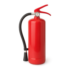 Fototapeta premium Red fire extinguisher with black hose isolated on black background