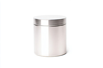 a metal canister with a lid on a white surface