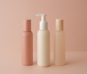 Three cosmetic bottles with pump dispenser on a soft peach background
