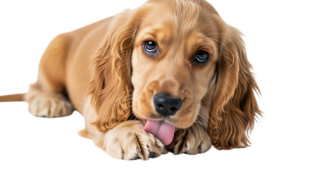 Adorable Golden Cocker Spaniel Puppy Licking its Paw with Blue Eyes Isolated on Transparent Background for Cute Pet Photography