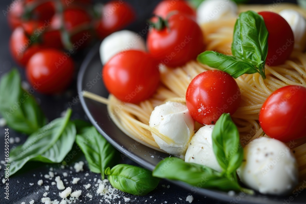 Poster spaghetti with mozzarella, tomatoes and basil on a dark plate, creating a vibrant and appetizing ita