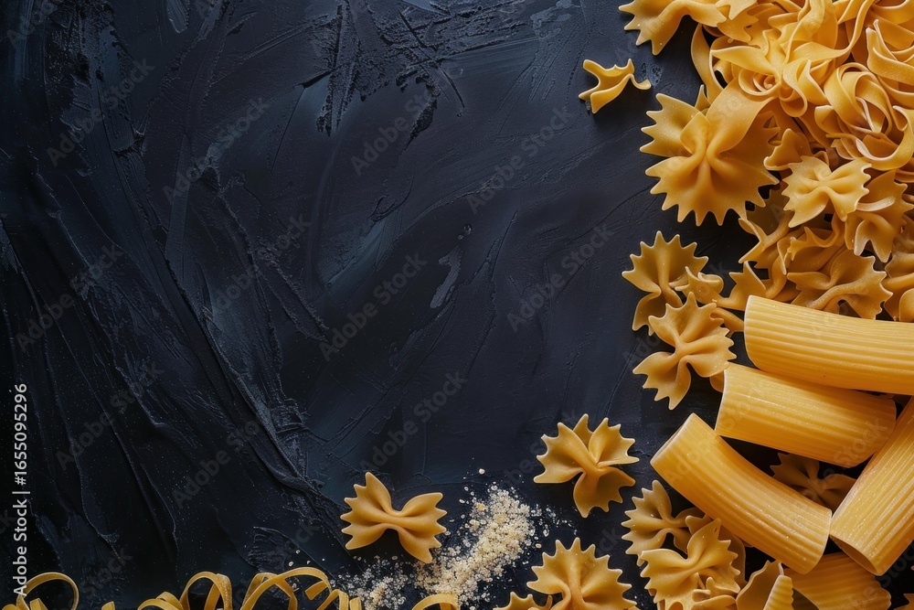 Poster different pasta shapes arranged on a dark textured background, creating a frame with copy space