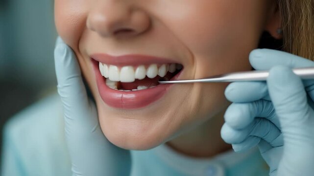 Close up of woman getting shade of teeth selected by dental professional for pressed ceramic veneers treatment for smile makeover. Process of improving dental aesthetics and health