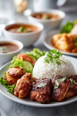 Delightful plate of Nasi Kandar with curries and fried chicken served in a vibrant setting