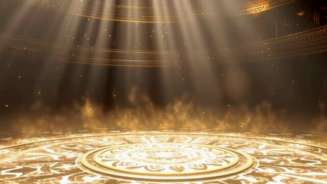 golden smoke over empty dais and light rays shining over scenery