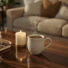 Cozy Coffee Break Still Life Candlelight Serenity on Wooden Table