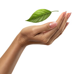 Hand holding a green leaf isolated on white background isolated on transparent background