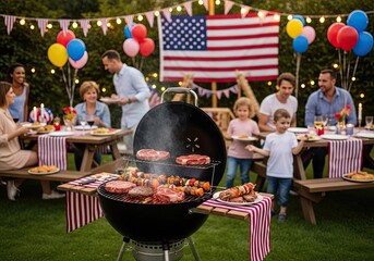 Photo of family celebrating labor day with barbecue picnic in backyard, enjoying food, fun, and friendship with american flag decoration