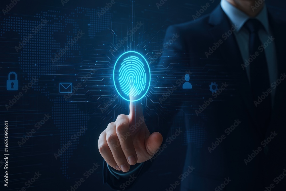 Poster digital fingerprint verification: a close-up shot of a man in a business suit, interacting with a di