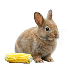 Obraz premium Cute brown baby rabbit with corn cob isolated on transparent background