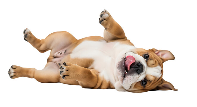 Adorable happy English bulldog puppy rolling playfully on its back with tongue sticking out isolated on a transparent background evoking joy and fun