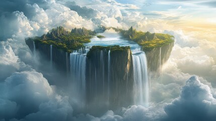 A stunning floating island with lush greenery, cascading waterfalls, and a dramatic sky, creating a surreal and magical landscape amidst the clouds.