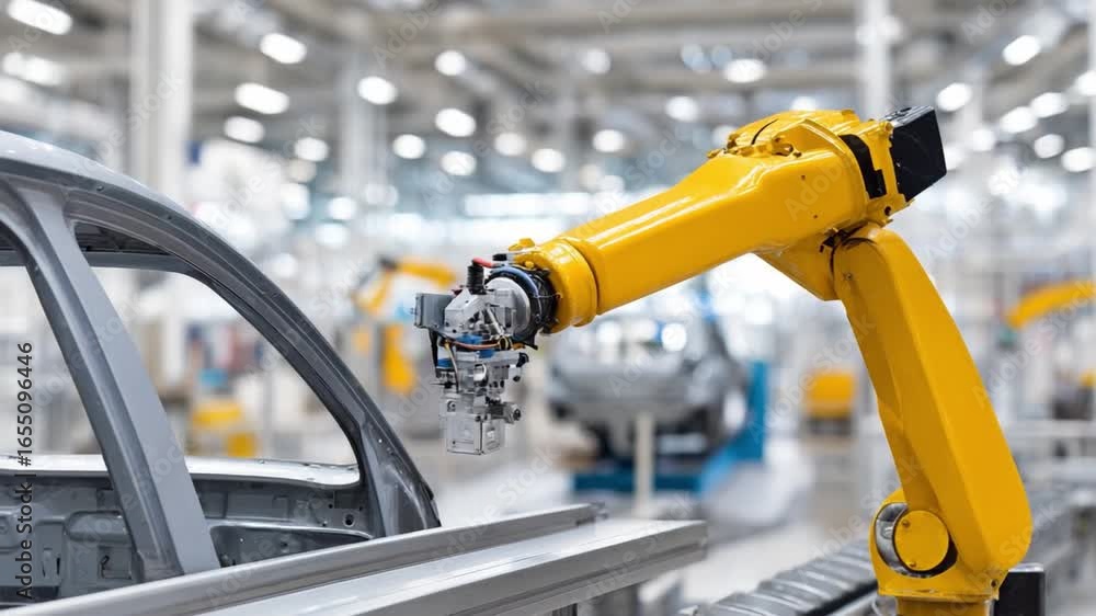 Poster robotic precision in assembly line: a high-tech robotic arm meticulously welds car parts in a bustli