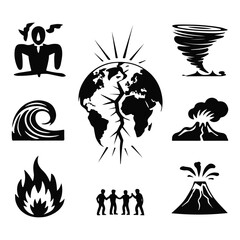 Natural disasters and human suffering symbols earthquake volcano