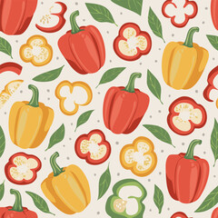 Hand-drawn vintage style illustration of red bell peppers with seeds and green leaves. Minimal retro design, soft colors, perfect for food, organic, farming, and kitchen projects