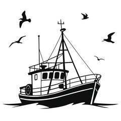 Fishing boat with seagulls silhouette