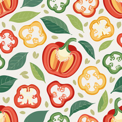 Hand-drawn vintage style illustration of red bell peppers with seeds and green leaves. Minimal retro design, soft colors, perfect for food, organic, farming, and kitchen projects