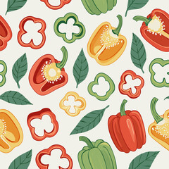 Hand-drawn vintage style illustration of red bell peppers with seeds and green leaves. Minimal retro design, soft colors, perfect for food, organic, farming, and kitchen projects