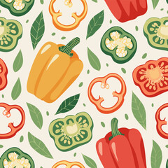 Hand-drawn vintage style illustration of red bell peppers with seeds and green leaves. Minimal retro design, soft colors, perfect for food, organic, farming, and kitchen projects