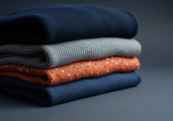 Stack of folded knitwear in shades of blue gray and orange with a dark gray background in soft lighting