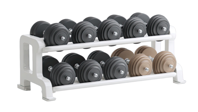 White dumbbell rack with assorted weights
