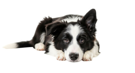 Fototapeta premium Adorable young border collie puppy lying down peacefully isolated on a black background with soft natural lighting