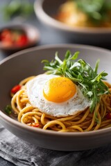 Savory Mee Goreng noodles topped with fried egg and fresh vegetables on a stylish table setting