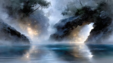 Fototapeta premium Mystical cave glowing water fantasy landscape
