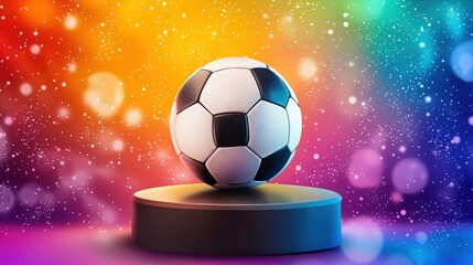Naklejka premium A soccer ball on a pedestal with a colorful background and bokeh lights creating a magical atmosphere