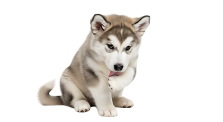 Adorable fluffy Alaskan Malamute puppy sitting looking at its paw with tongue sticking out isolated on transparent background cute pet canine animal companion