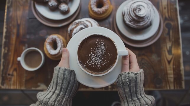 Spanish Churros con Chocolate, crispy churros dusted with sugar, thick hot chocolate dip, cozy cafe ambience, warm lighting, top down