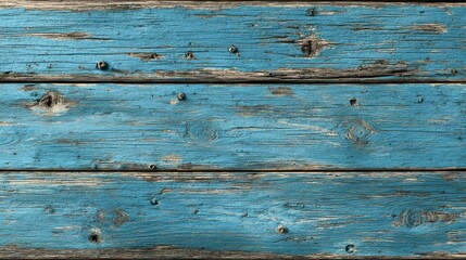 Obraz premium Close-up of weathered, horizontal wooden planks painted blue with exposed knots and nail heads