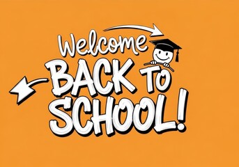 Welcome back to school handwritten text with graduation cap and smiling face illustration on orange background
