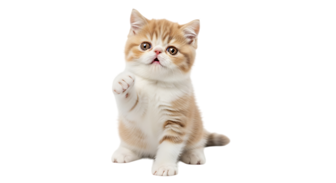 Adorable fluffy exotic shorthair kitten raising paw as if greeting or asking for something cute and playful isolated on black background